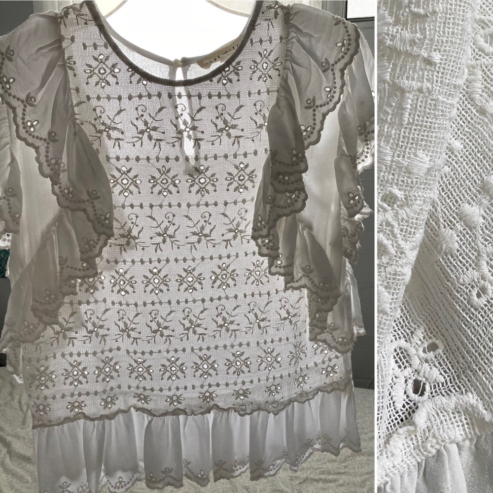 Lovestitch sheer cotton eyelet ruffled sleeve blouse, white - Picture 2 of 8